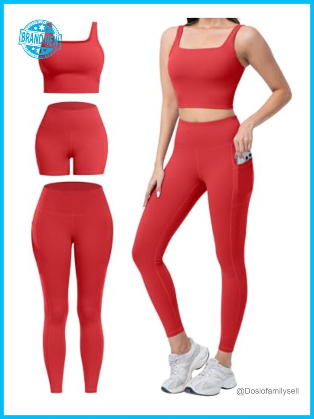 3 Piece Workout Set High Waisted Leggings Biker Shorts Sports Bra Nylon Spandex
